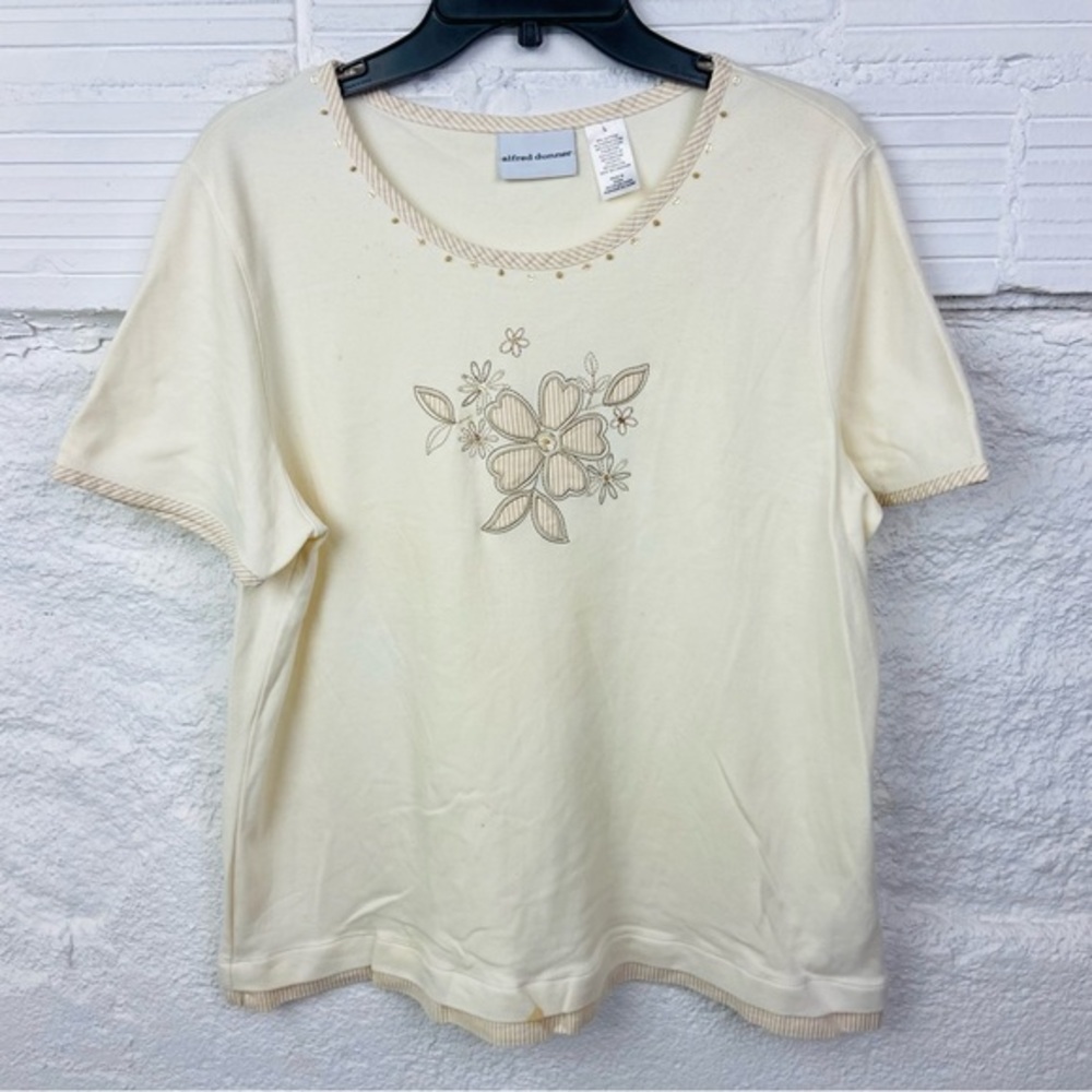 Alfred Dunner Cream Floral Embroidered beaded short sleeve shirt size large